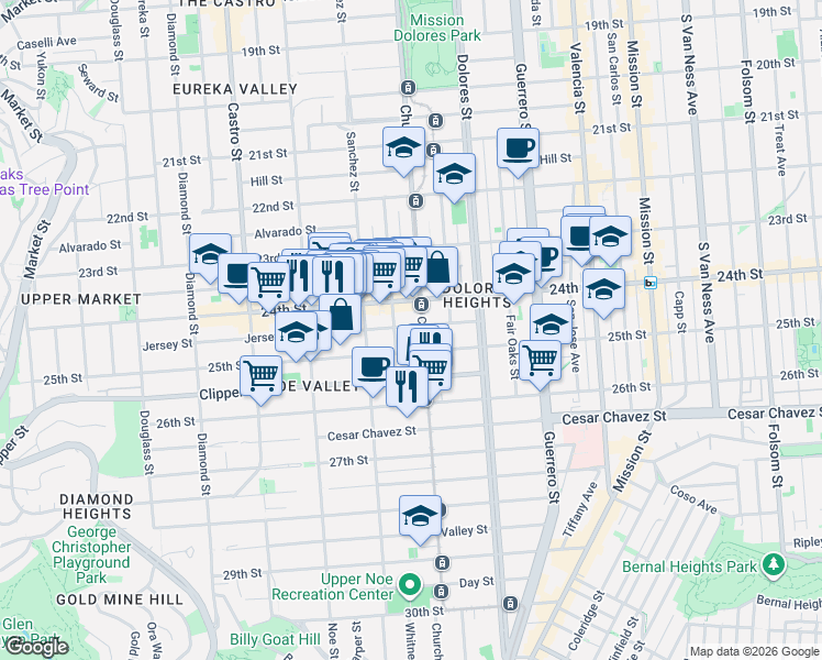 map of restaurants, bars, coffee shops, grocery stores, and more near 119 Jersey Street in San Francisco
