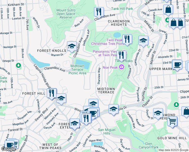 map of restaurants, bars, coffee shops, grocery stores, and more near 351 Panorama Drive in San Francisco