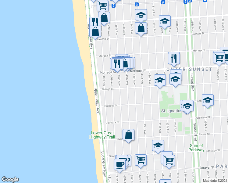 map of restaurants, bars, coffee shops, grocery stores, and more near 1910 47th Avenue in San Francisco