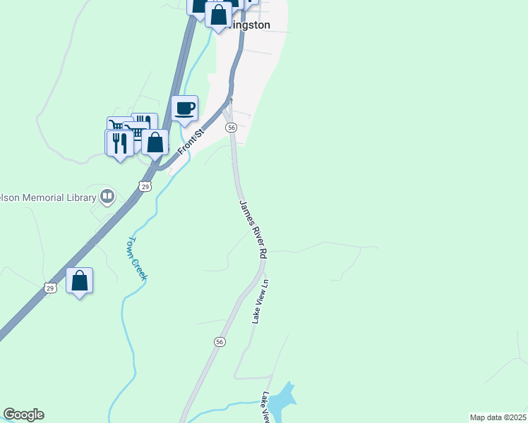 map of restaurants, bars, coffee shops, grocery stores, and more near 14020 James River Road in Lovingston