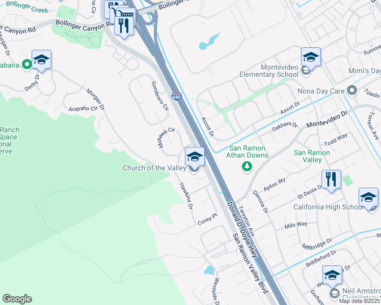 map of restaurants, bars, coffee shops, grocery stores, and more near 2729 Morgan Drive in San Ramon