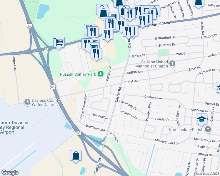 map of restaurants, bars, coffee shops, grocery stores, and more near 2604 Bittel Road in Owensboro