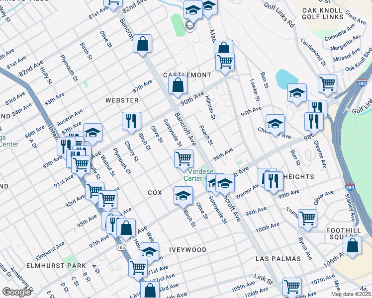 map of restaurants, bars, coffee shops, grocery stores, and more near 9424 Sunnyside Street in Oakland
