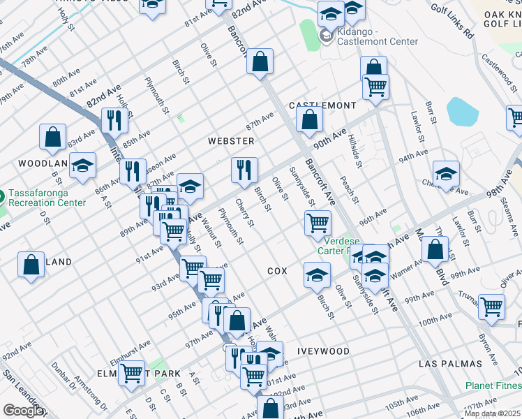 map of restaurants, bars, coffee shops, grocery stores, and more near 9220 Cherry Street in Oakland