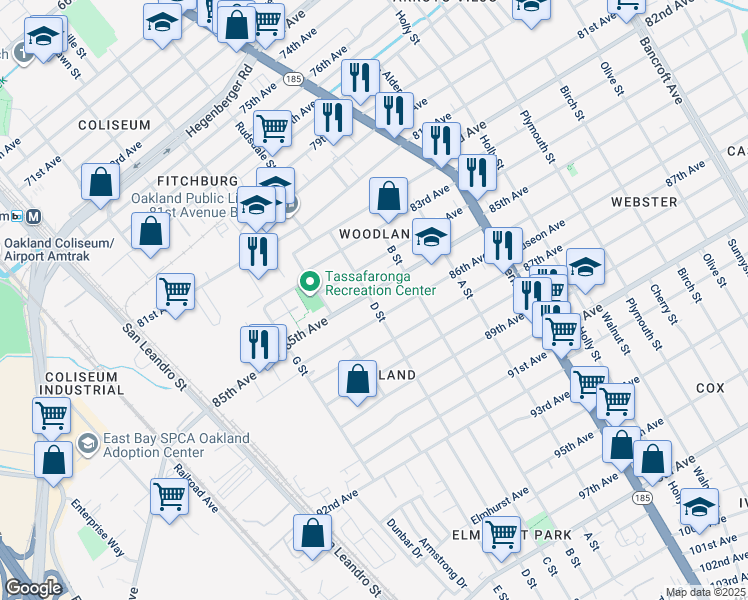 map of restaurants, bars, coffee shops, grocery stores, and more near 1054 85th Avenue in Oakland
