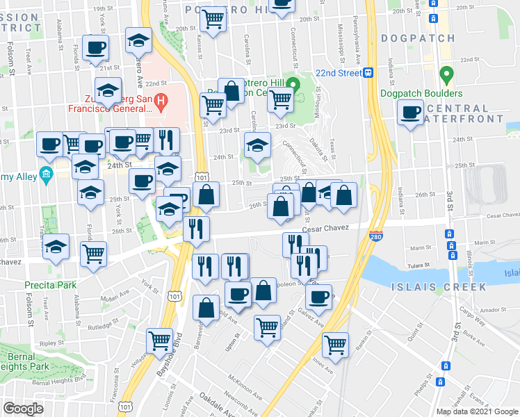 map of restaurants, bars, coffee shops, grocery stores, and more near 2041 26th Street in San Francisco
