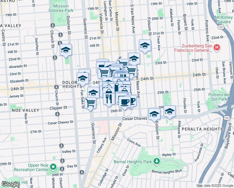 map of restaurants, bars, coffee shops, grocery stores, and more near 9 25th Street in San Francisco