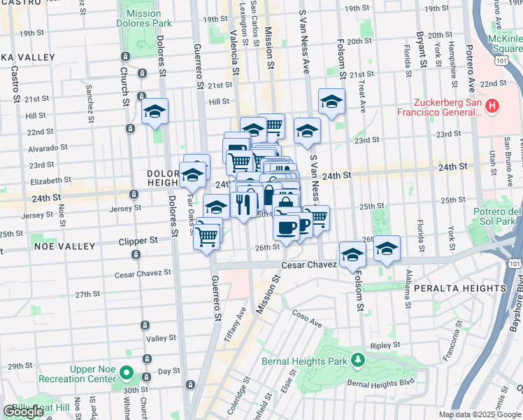map of restaurants, bars, coffee shops, grocery stores, and more near 9 25th Street in San Francisco