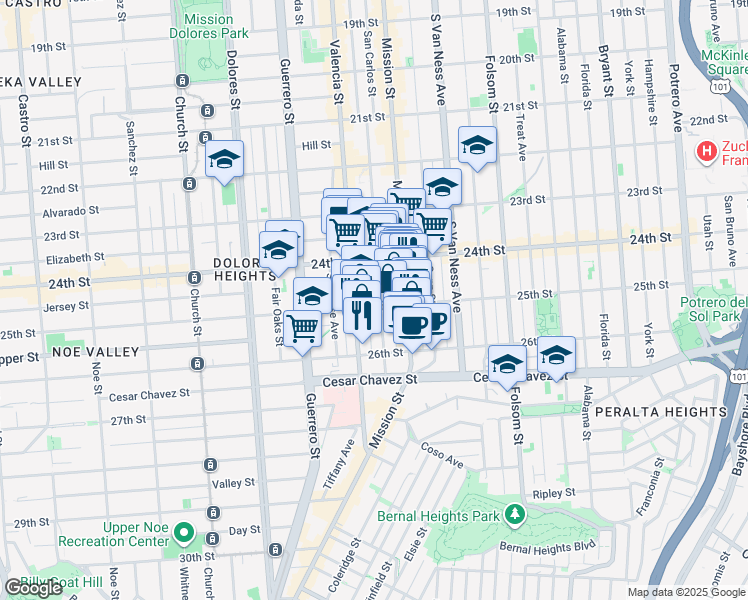 map of restaurants, bars, coffee shops, grocery stores, and more near 9 25th Street in San Francisco