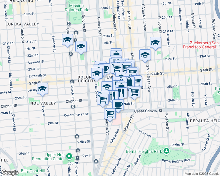 map of restaurants, bars, coffee shops, grocery stores, and more near 1295 Guerrero Street in San Francisco