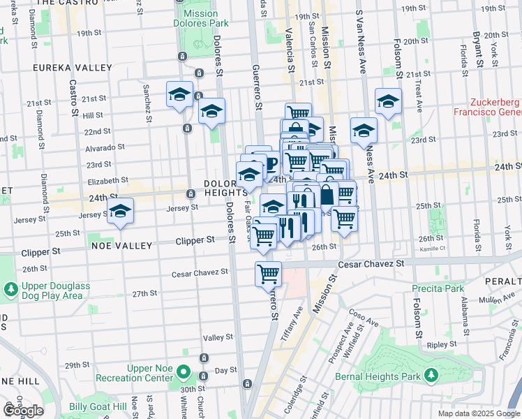 map of restaurants, bars, coffee shops, grocery stores, and more near 1295 Guerrero Street in San Francisco