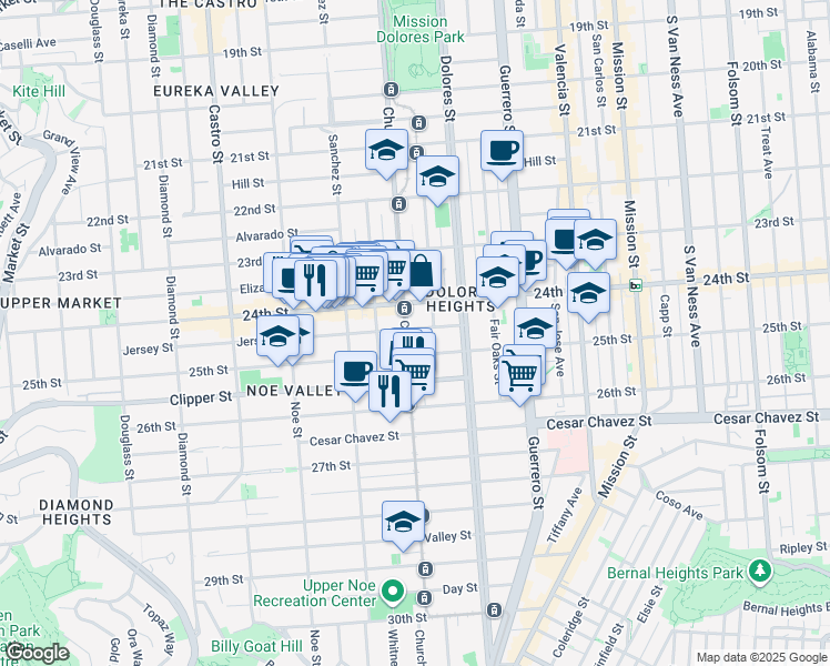 map of restaurants, bars, coffee shops, grocery stores, and more near 1275 Church Street in San Francisco