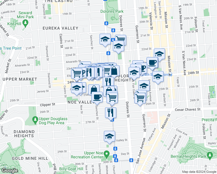 map of restaurants, bars, coffee shops, grocery stores, and more near 1275 Church Street in San Francisco