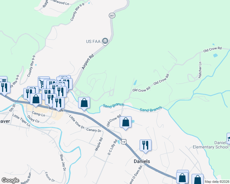 map of restaurants, bars, coffee shops, grocery stores, and more near 210 Silver Fir Court in Beaver