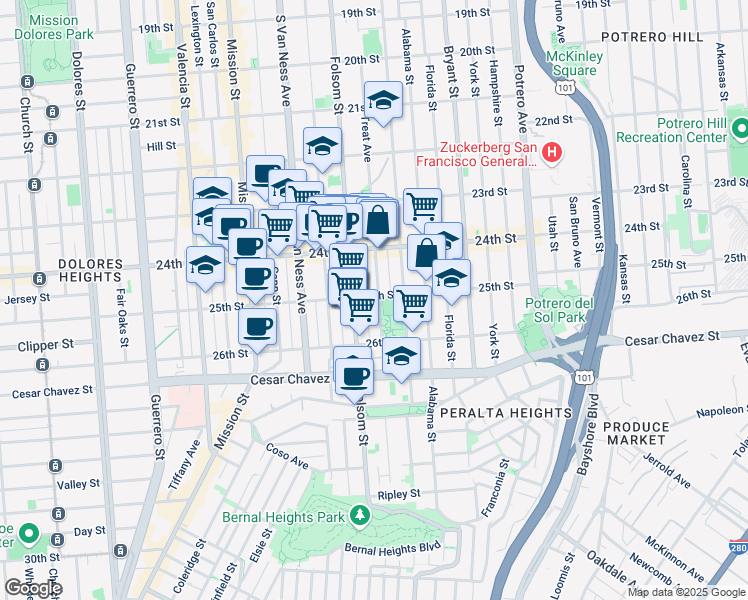 map of restaurants, bars, coffee shops, grocery stores, and more near in San Francisco