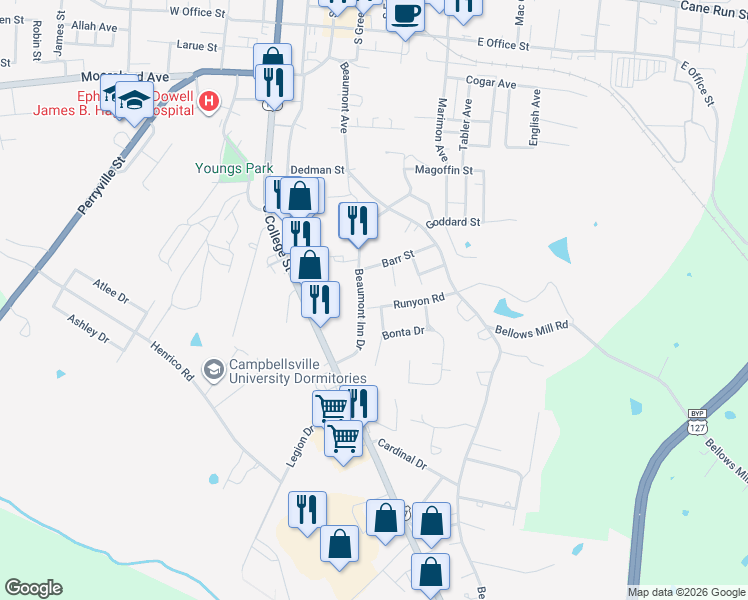 map of restaurants, bars, coffee shops, grocery stores, and more near 328 Runyon Road in Harrodsburg