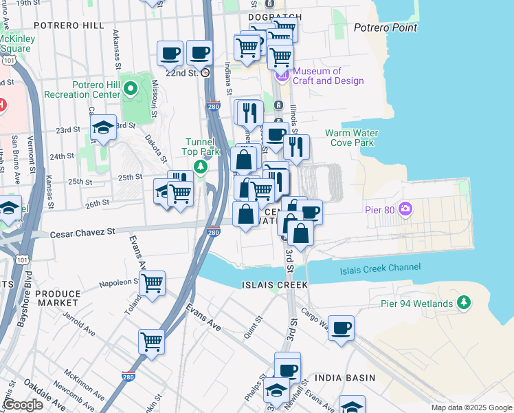 map of restaurants, bars, coffee shops, grocery stores, and more near 1551 Minnesota St in San Francisco