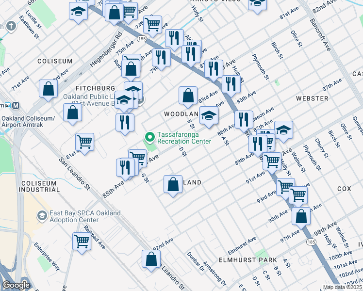 map of restaurants, bars, coffee shops, grocery stores, and more near 1054 85th Avenue in Oakland