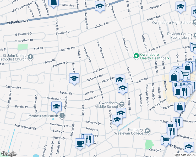 map of restaurants, bars, coffee shops, grocery stores, and more near 1503 Maple Avenue in Owensboro