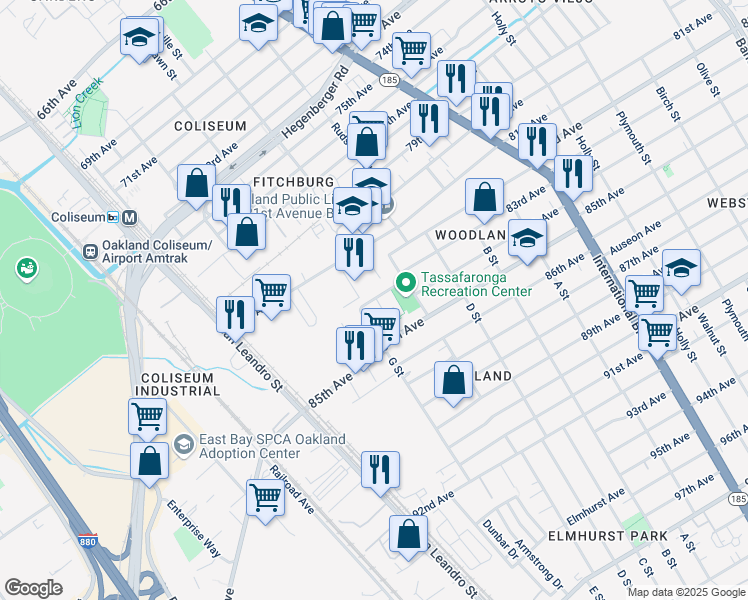 map of restaurants, bars, coffee shops, grocery stores, and more near 926 83rd Avenue in Oakland