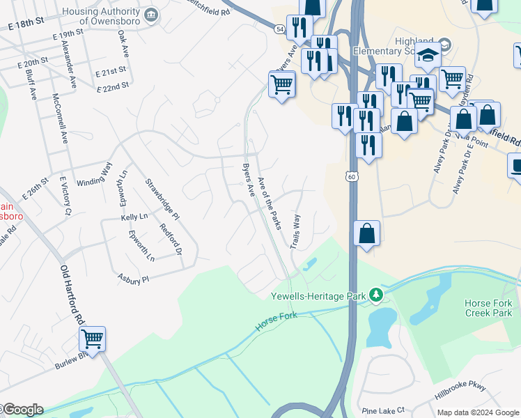 map of restaurants, bars, coffee shops, grocery stores, and more near 2280 Summer Walk in Owensboro