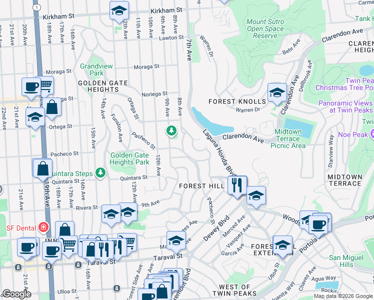 map of restaurants, bars, coffee shops, grocery stores, and more near 120 Alton Avenue in San Francisco
