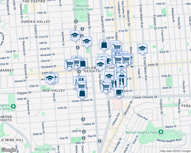 map of restaurants, bars, coffee shops, grocery stores, and more near 1157 Dolores Street in San Francisco