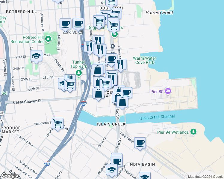 map of restaurants, bars, coffee shops, grocery stores, and more near 1661 Tennessee Street in San Francisco