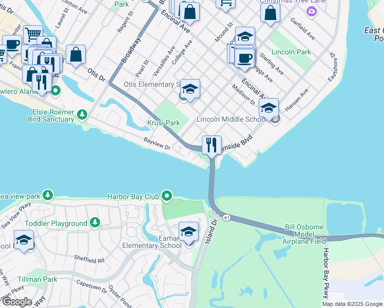 map of restaurants, bars, coffee shops, grocery stores, and more near 343 Driftwood Lane in Alameda