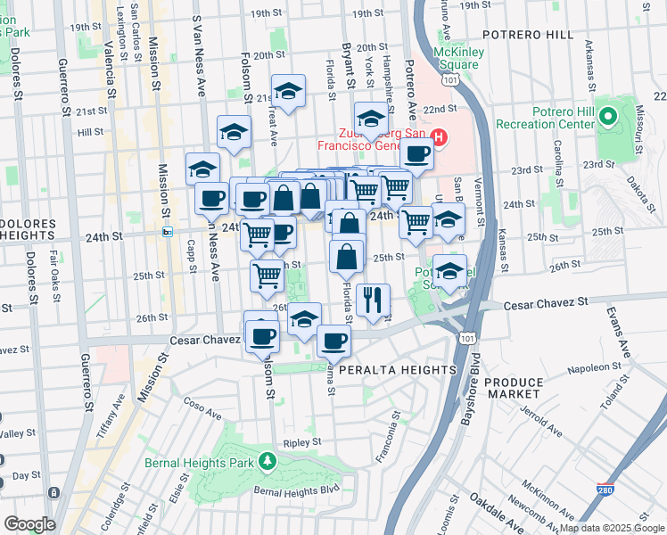 map of restaurants, bars, coffee shops, grocery stores, and more near 1331 Alabama Street in San Francisco