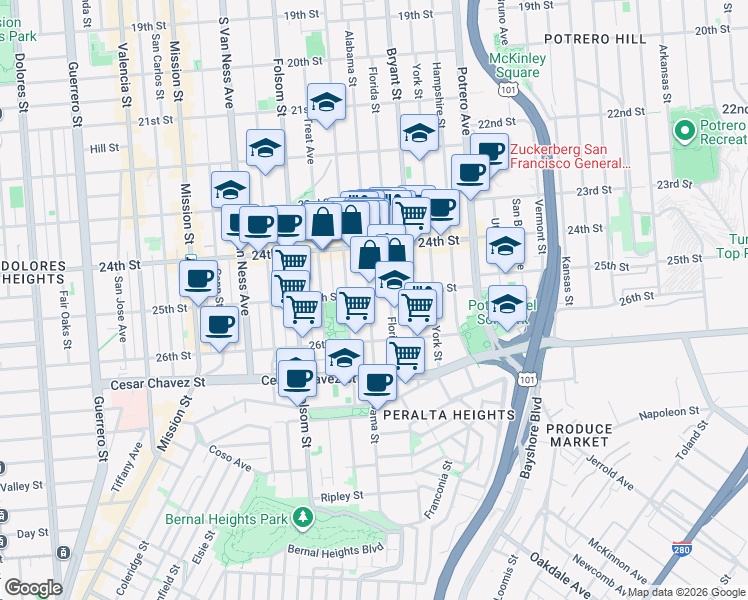map of restaurants, bars, coffee shops, grocery stores, and more near 1331 Alabama Street in San Francisco
