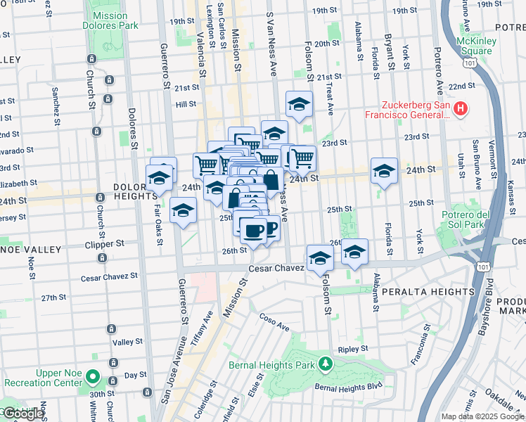 map of restaurants, bars, coffee shops, grocery stores, and more near 2901 Mission Street in San Francisco