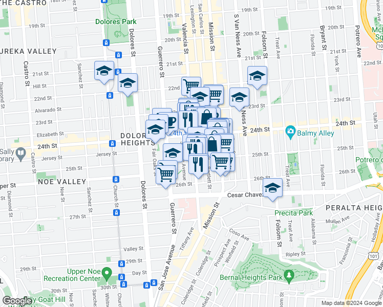 map of restaurants, bars, coffee shops, grocery stores, and more near 3531 25th Street in San Francisco