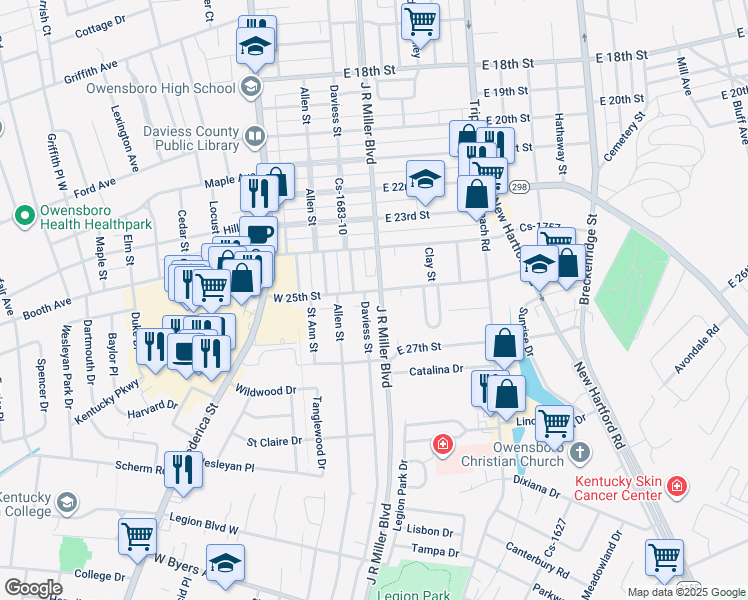 map of restaurants, bars, coffee shops, grocery stores, and more near 2511 Daviess Street in Owensboro
