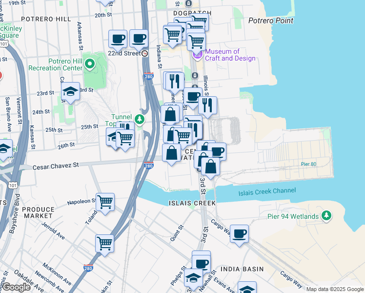 map of restaurants, bars, coffee shops, grocery stores, and more near 1551 Minnesota St in San Francisco