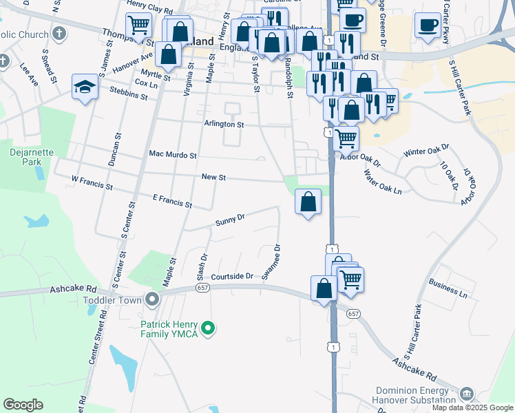 map of restaurants, bars, coffee shops, grocery stores, and more near 138 Sunny Drive in Ashland