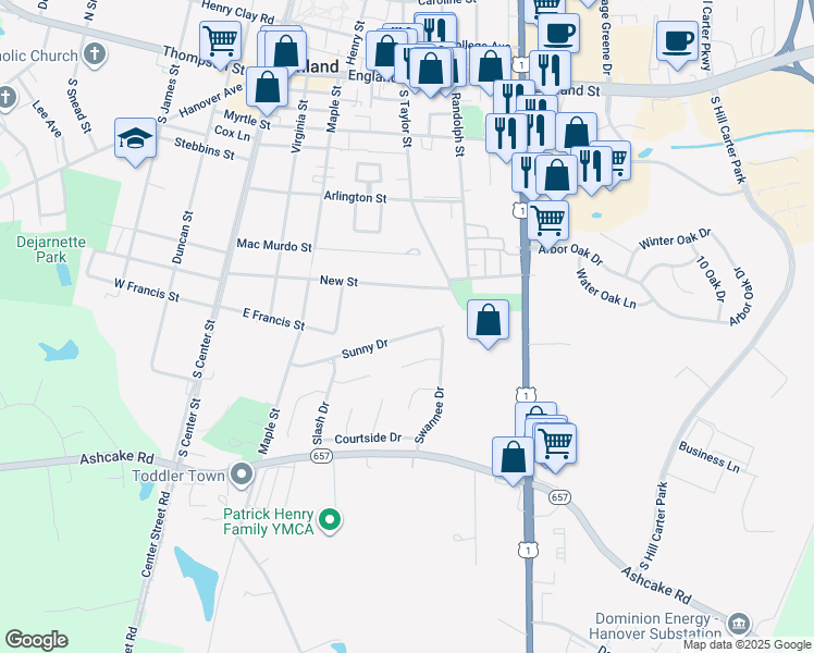 map of restaurants, bars, coffee shops, grocery stores, and more near 138 Sunny Drive in Ashland