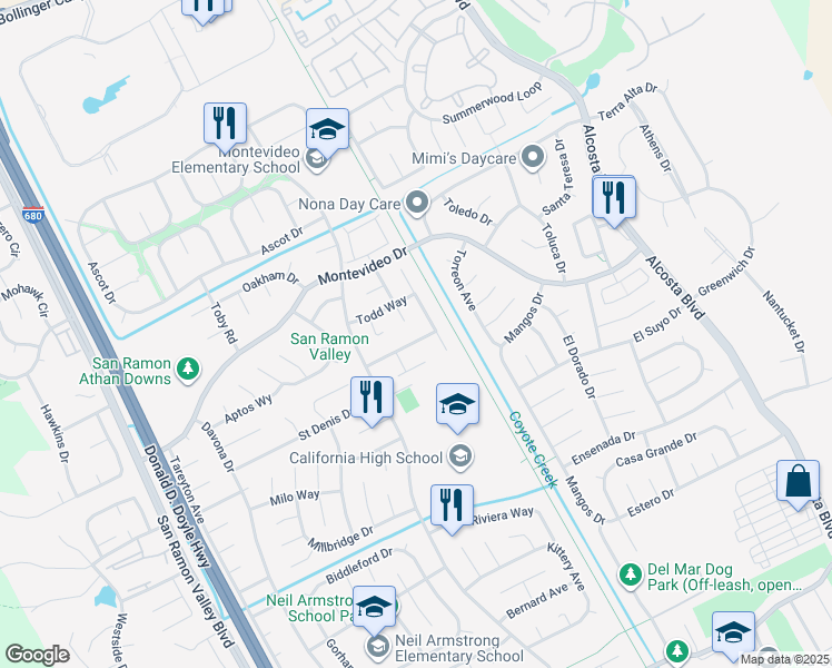 map of restaurants, bars, coffee shops, grocery stores, and more near 3163 Christopher Way in San Ramon