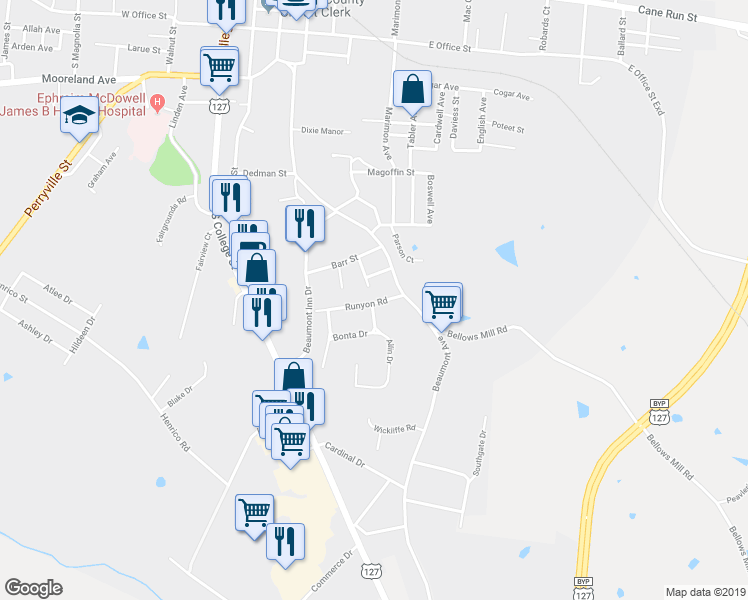 map of restaurants, bars, coffee shops, grocery stores, and more near 381 Runyon Road in Harrodsburg