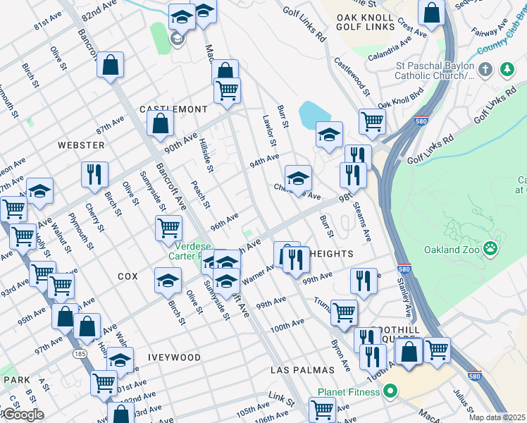 map of restaurants, bars, coffee shops, grocery stores, and more near 9741 Thermal Street in Oakland