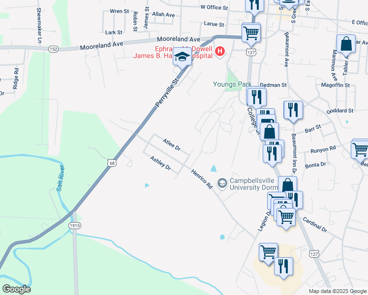 map of restaurants, bars, coffee shops, grocery stores, and more near 450 Atlee Drive in Harrodsburg
