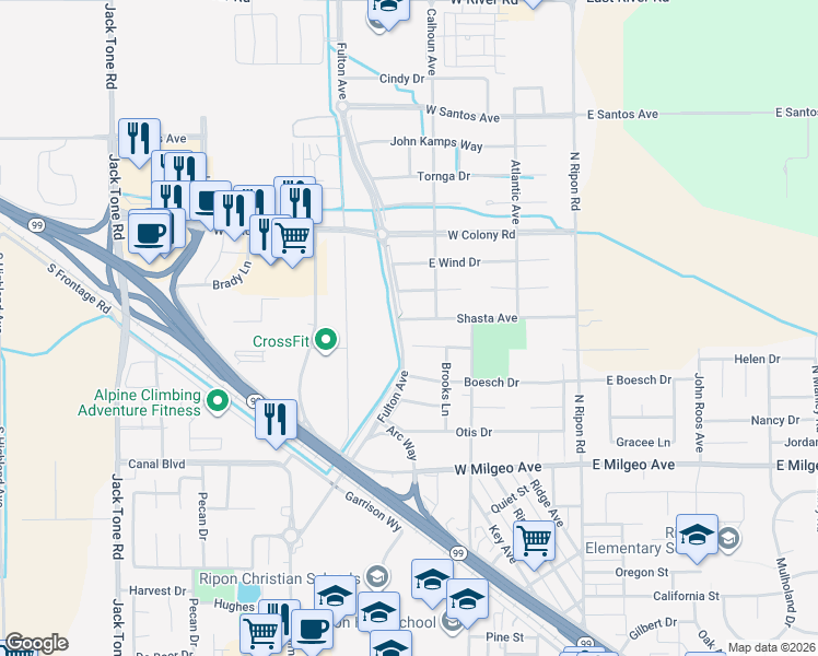map of restaurants, bars, coffee shops, grocery stores, and more near 657 Bodeson Court in Ripon