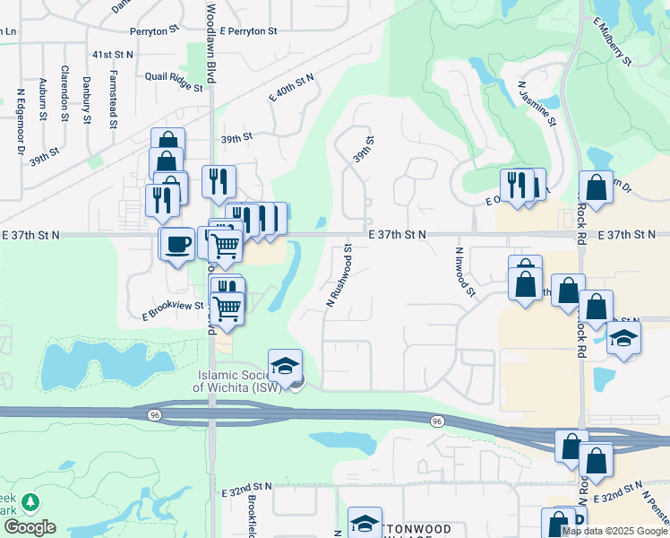 map of restaurants, bars, coffee shops, grocery stores, and more near 3737 North Rushwood Street in Wichita