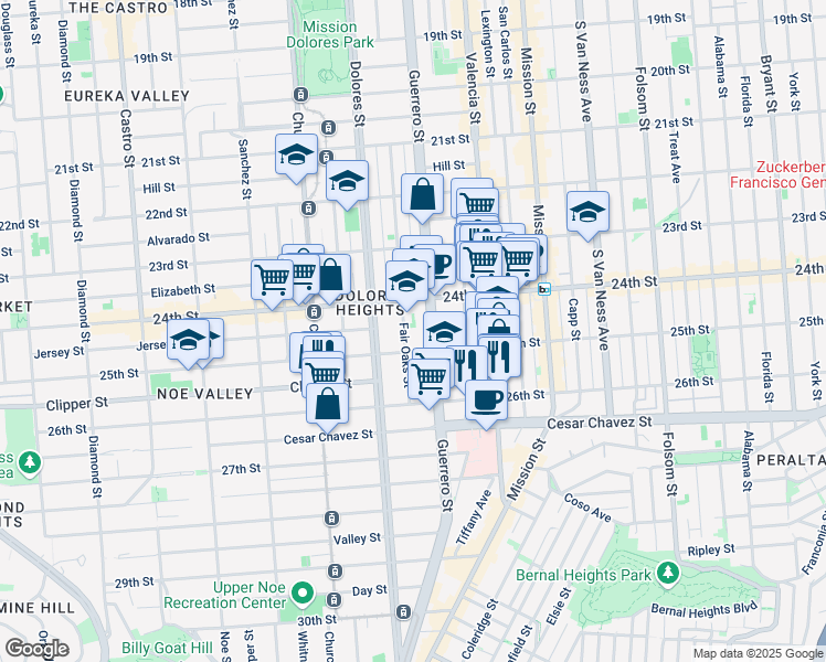 map of restaurants, bars, coffee shops, grocery stores, and more near 392 Fair Oaks Street in San Francisco