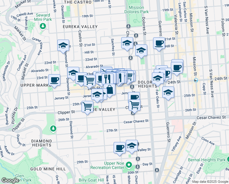 map of restaurants, bars, coffee shops, grocery stores, and more near 1140 Sanchez Street in San Francisco