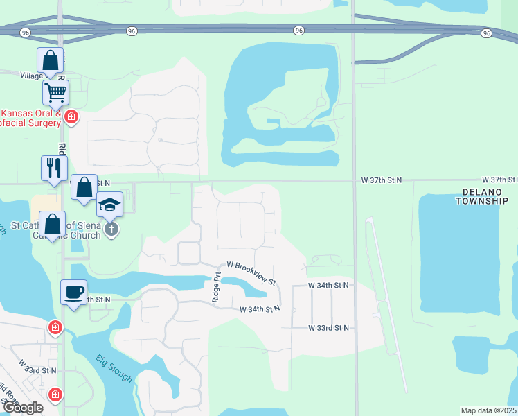 map of restaurants, bars, coffee shops, grocery stores, and more near 6007 West 37th Street North in Wichita