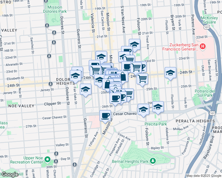 map of restaurants, bars, coffee shops, grocery stores, and more near 2868 Mission Street in San Francisco