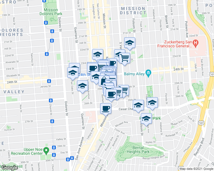 map of restaurants, bars, coffee shops, grocery stores, and more near 2868 Mission Street in San Francisco