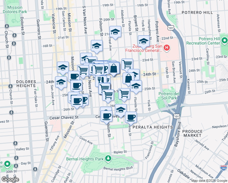 map of restaurants, bars, coffee shops, grocery stores, and more near Treat Ave & 25th St in San Francisco