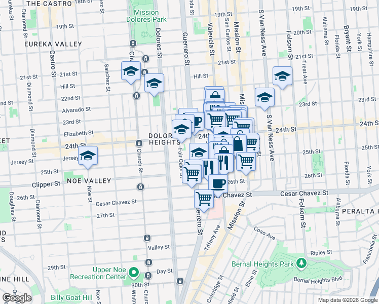 map of restaurants, bars, coffee shops, grocery stores, and more near 1295 Guerrero Street in San Francisco